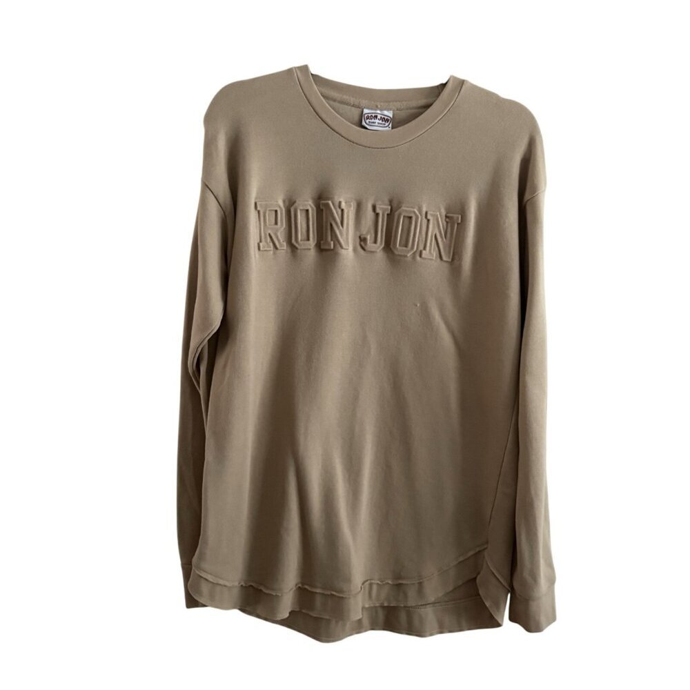 Ron Jon Men SZ S Tan Raised Textured RON JON Crew Neck Long Sleeve Sweatshirt
